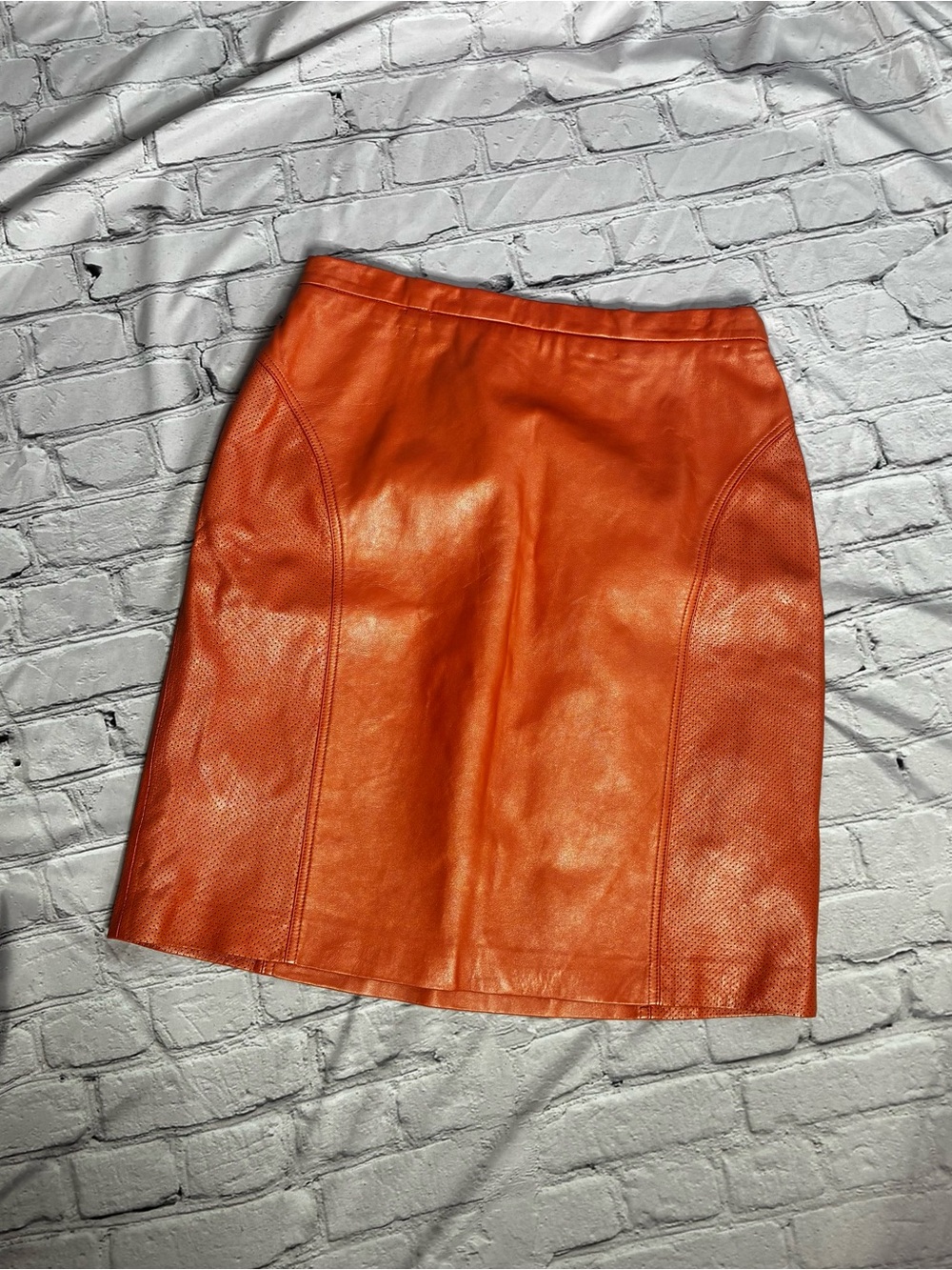 VTG 90s Terry Lewis Classic Luxuries Iridescent Sherbet Orange Leather Skirt 14P